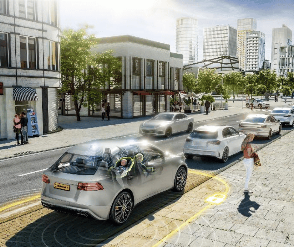 Car in city traffic with sensor detection overlays